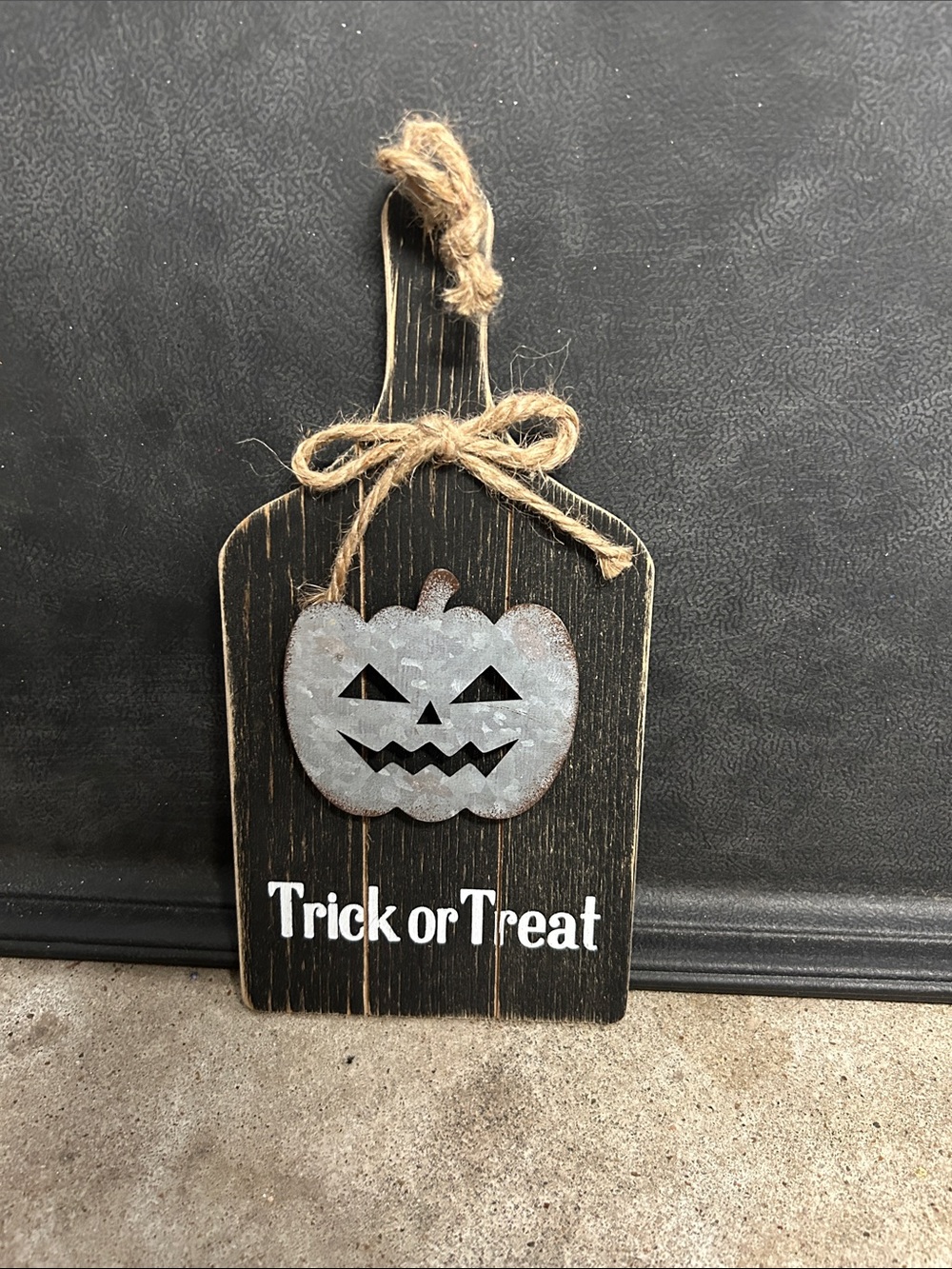 Wooden Halloween 'Trick or Treat' Paddle with Metal Jack-O'-Lantern